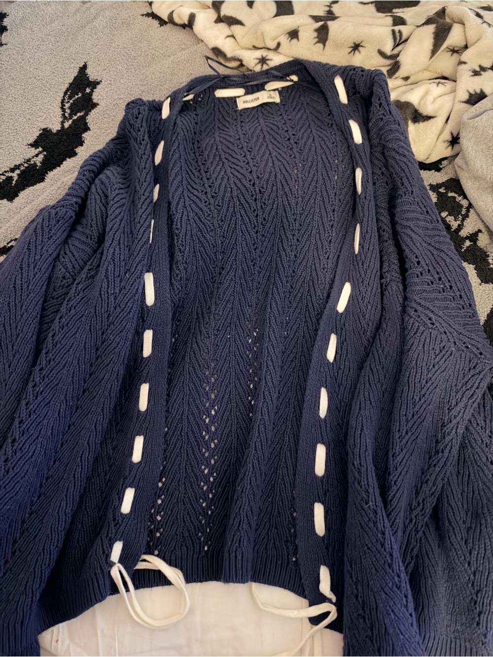 Hollister Navy Open-Front Knit Cardigan with White Drawstring Accents
